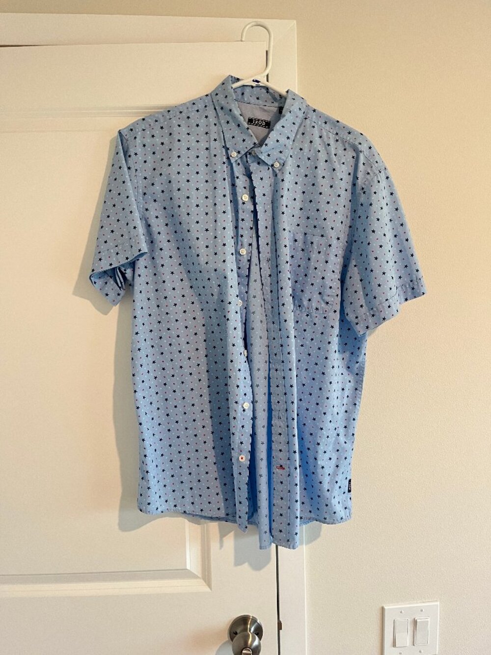 Men's IZOD Light Blue Festive Patriotic Star Button Down Short Sleeve Size XL